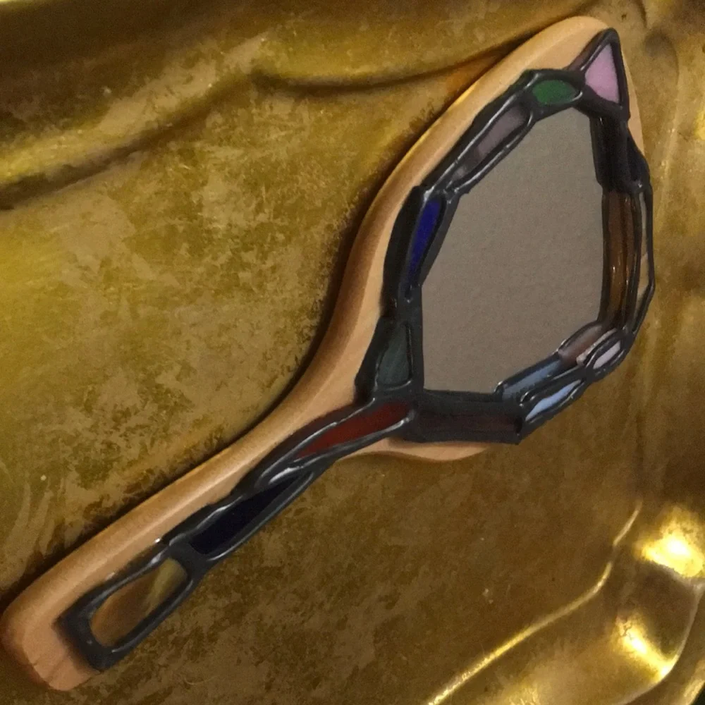 Unique Hand Mirror Wood W/Stained Glass Trim